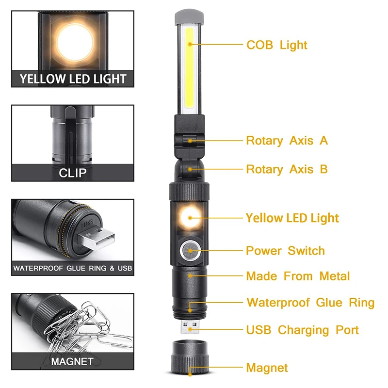 COB LED Work Light 5 Lighting Modes Rechargeable COB Flashlight 2000 Lumen Powerful with Magnet Inspection Lamp Hanging Torch