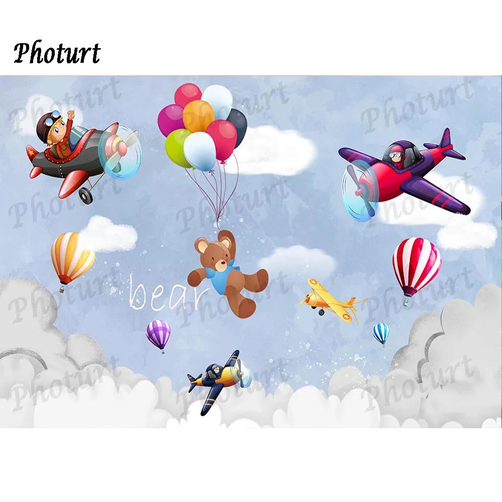 PHOTURT Airplane Pilot Backdrop Boys Birthday Decorate Background Balloon Bear Aircraft Polyester Vinyl Banner Studios Props