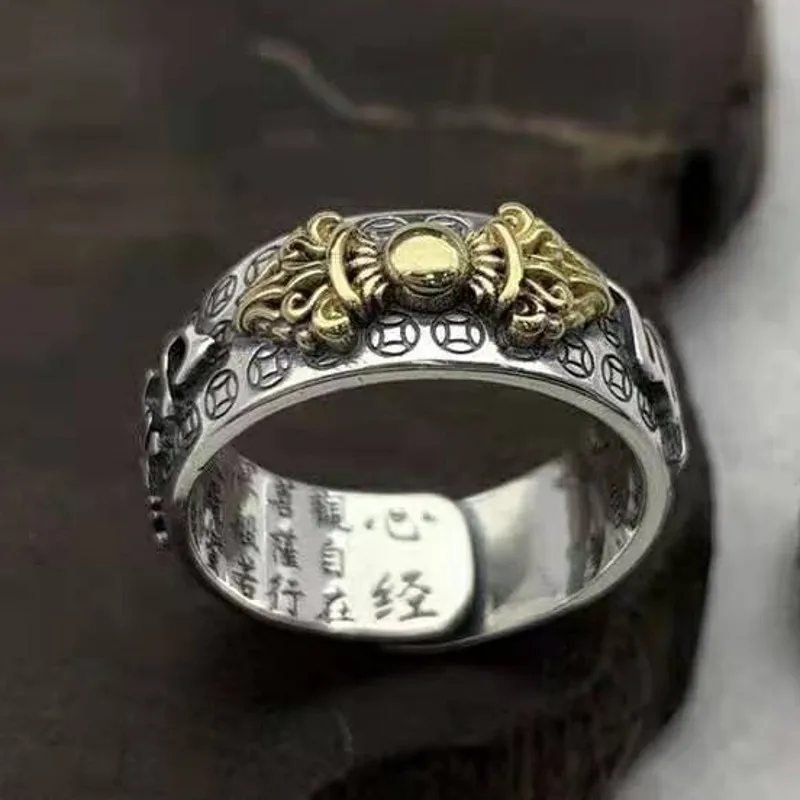 

BOCAI New 100% s925 sterling silver vajra good luck ring retro Thai silver jewelry heart sutra classical man ring