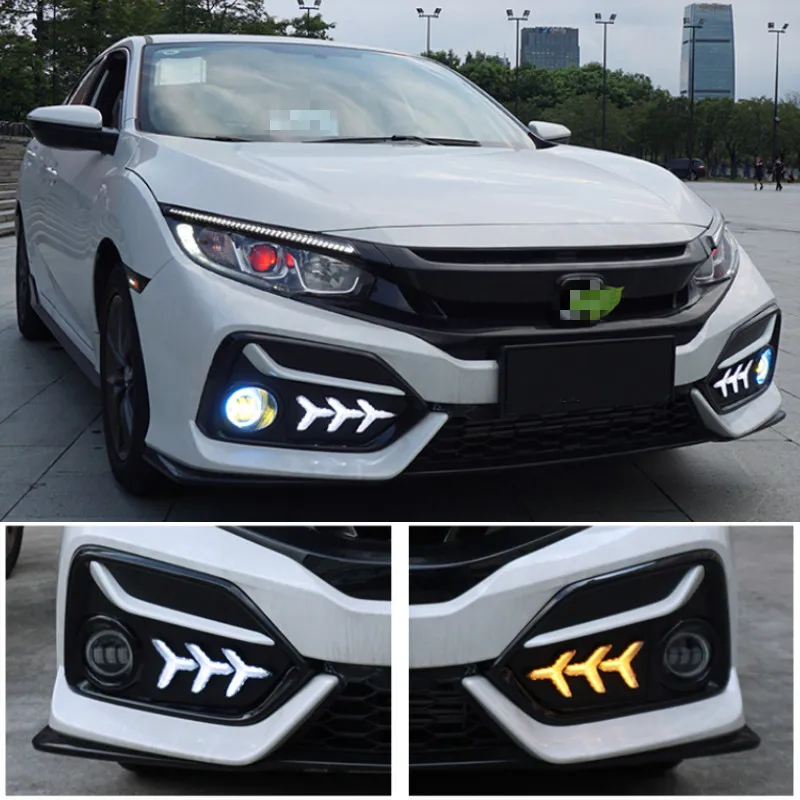 2PCS ไฟ LED DRL หมอกโคมไฟขับรถไฟสีเหลืองเลี้ยวสัญญาณสำหรับ Honda CIVIC Hatchback 2020 2021 Daytime Running light