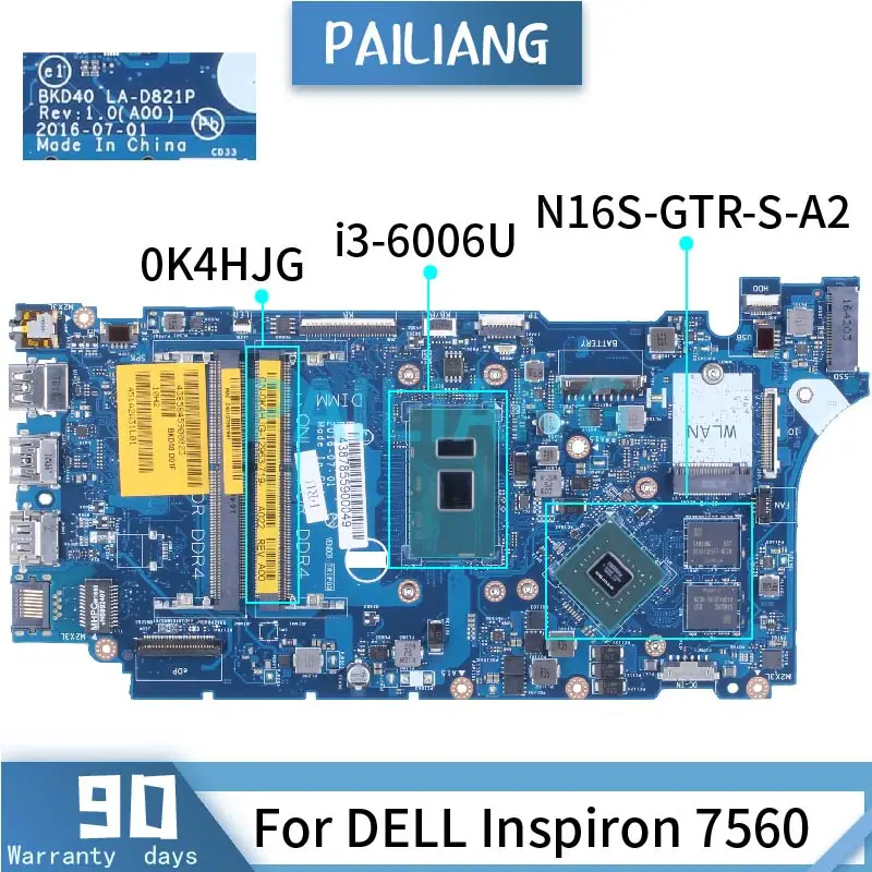 For DELL Inspiron 7560 i3-6006U Laptop Motherboard 0K4HJG LA-D821P SR2UW N16S-GTR-S-A2 DDR4 Notebook Mainboard