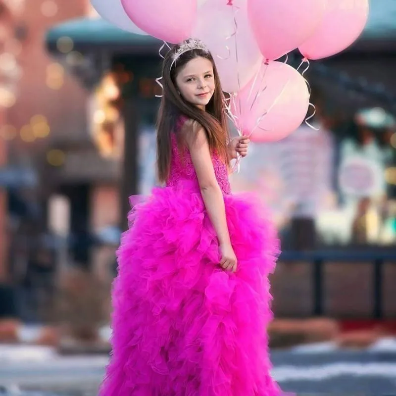 Vestido De fiesta De princesa para niñas, prenda De tul con volantes y cuello De joya transparente para boda, primera comunión