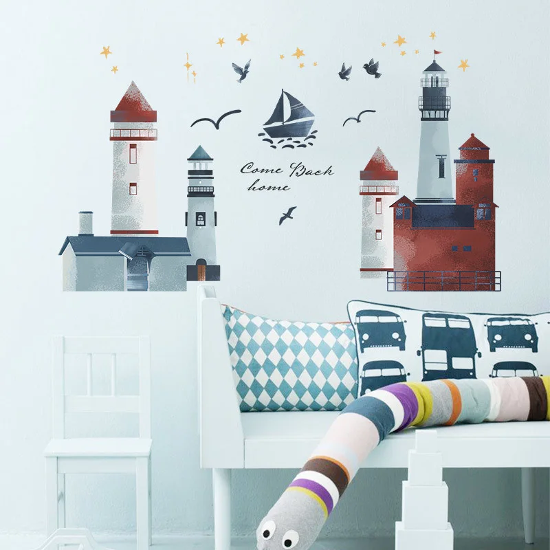 Cartoon Lighthouse Seagull Wall Sticker Living Room Bedroom Home Decoration Wallpaper Kids Room Nursery Beautify Decor Stickers