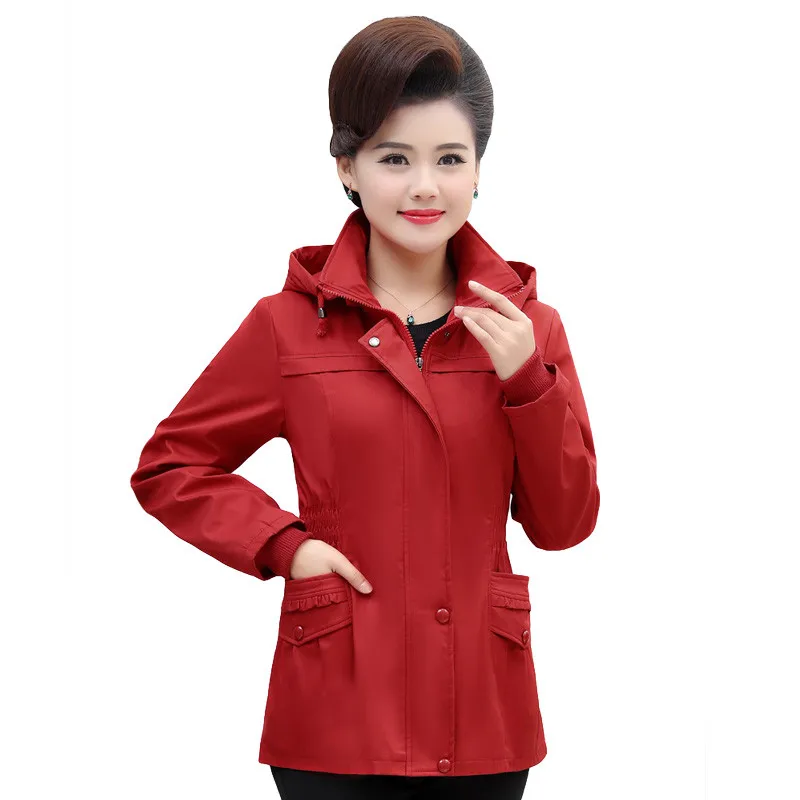 

Spring Autumn Thin Trench Coat Women New Solid Hooded Short Jacket Slim Zipper Plus Size 5XL 6XL Middle-aged Female Coat Tops