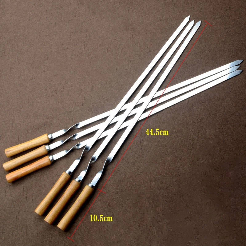 D2 6pcs BBQ Skewer Stainless Steel Shish Kebab BBQ Fork Set Long Flat Wood Handle Barbecue Needle Meat Grill Outdoor Tools