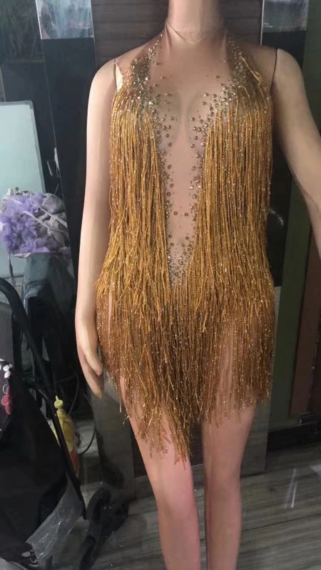 

Rhinestones Outfit Sparkly Gold Tassel Bodysuit Glisten Beads Costume One-piece Dance Wear Singer Stage Leotard Headdress