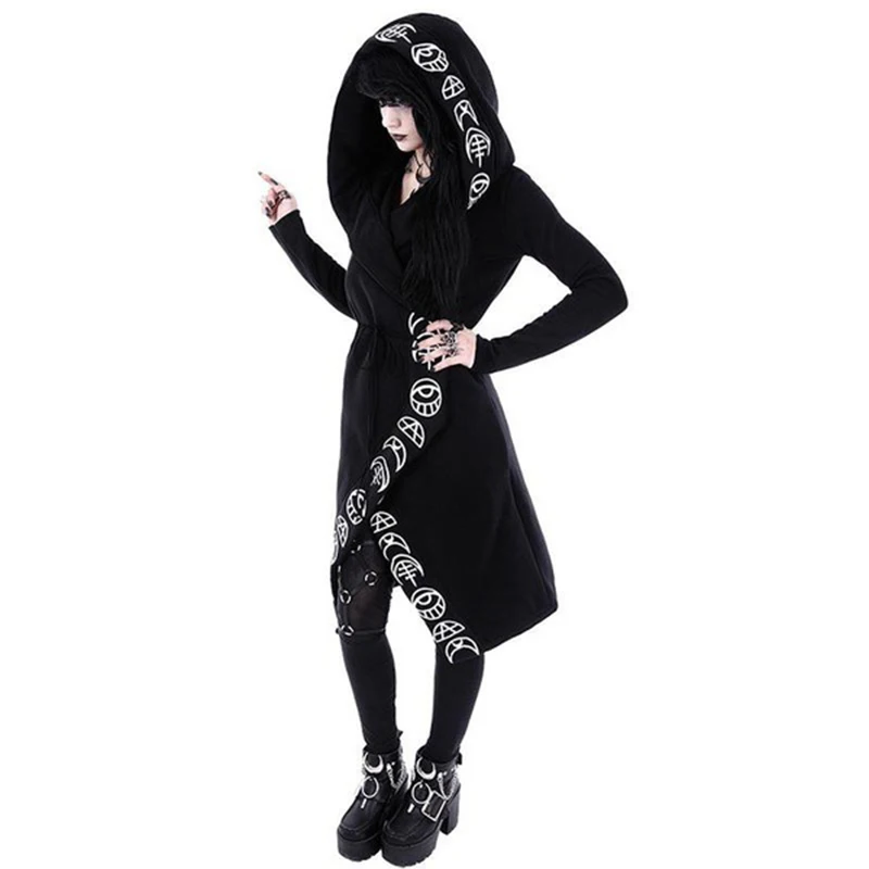 Gothic Punk Black Long Women Hoodies Sweatshirts Jacket Moon Printed Plus Size Loose Coat Cardigans Halloween Cosplay Costume