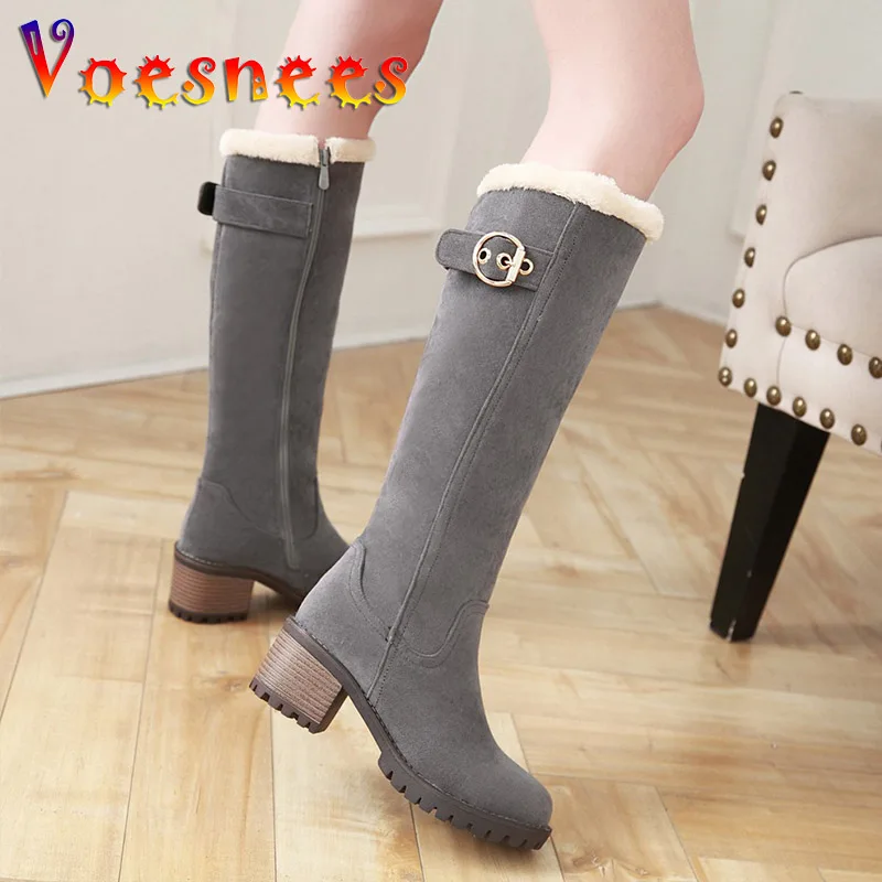 Women\'s Winter Warm Long Boots 2022 New Fashion Flock Knee-High Boots Exquisit College Style Plush Thick Soled Zip Female Shoes