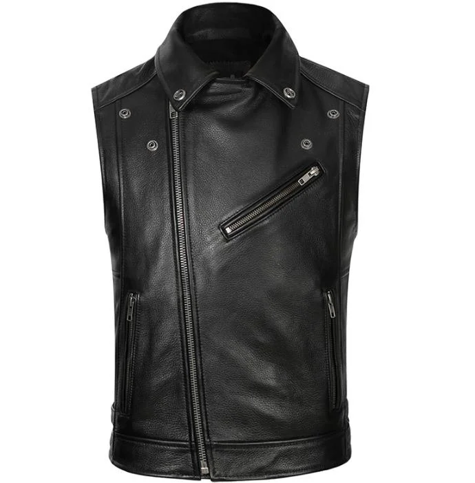 

Classic Men's Genuine Leather Motorcycle Biker Vintage Vest Black Zippered Pockets Thick Real Leather Biker Vests Waistcoat