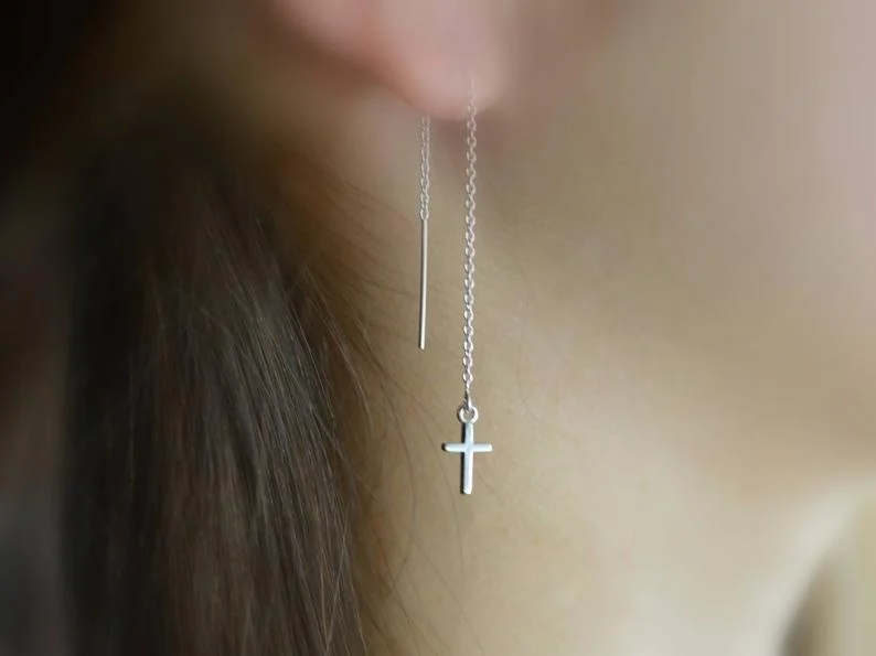 Tiny Cross threaders, Threader Earrings, Ear thread dangles, Pull-through earring, Cross dangles