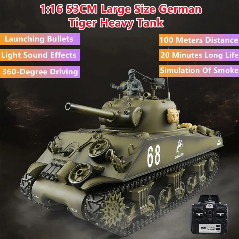

1:16 Launching Bullets German Tiger Heavy Remote Control Tank 20Mins Simulated Smoke Turret Rotation Sound Light Effects RC Tank