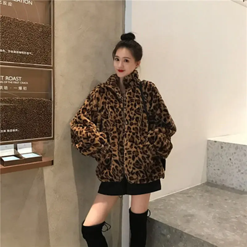 Winter Leopard Print Jacket Women\'s Stand collar Warm Parkas Outwear 2024 New Autumn Winter Korean Female Loose Faux Fur Coats