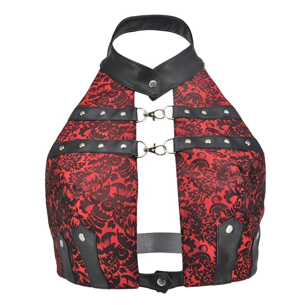 Red Brocade & Black Leather Halter Neck Backless Sexy Gothic Top Women Steampunk Clothing Vintage Accessories Punk Rock Clothes