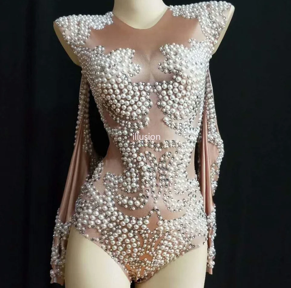 Body de una pieza con cristales y perlas brillantes para mujer, trajes desnudos, leotardo brillante para fiesta de celebración, disfraces de diamantes de imitación, ropa de cantante