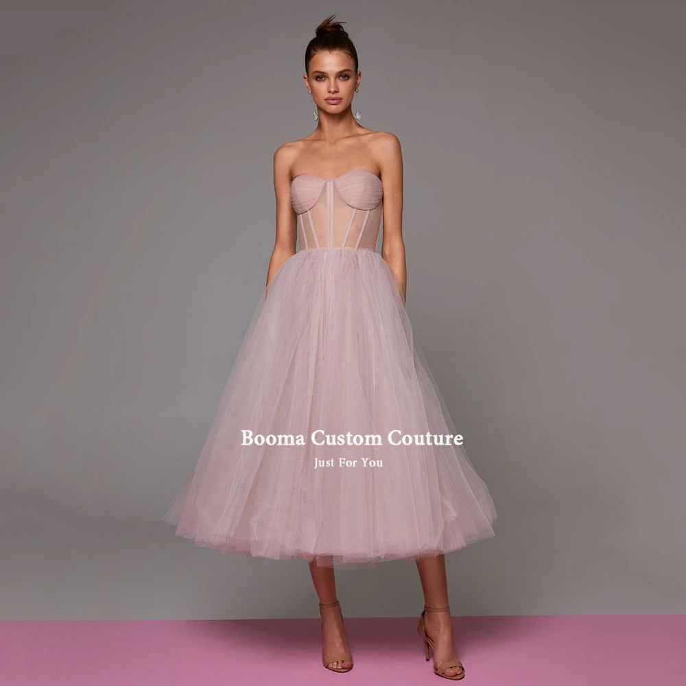 Booma Lavender Short Prom Dresses Sweetheart Exposed Boning Tea-Length Party Dresses Sleeveless Illusion Tulle Formal Gowns