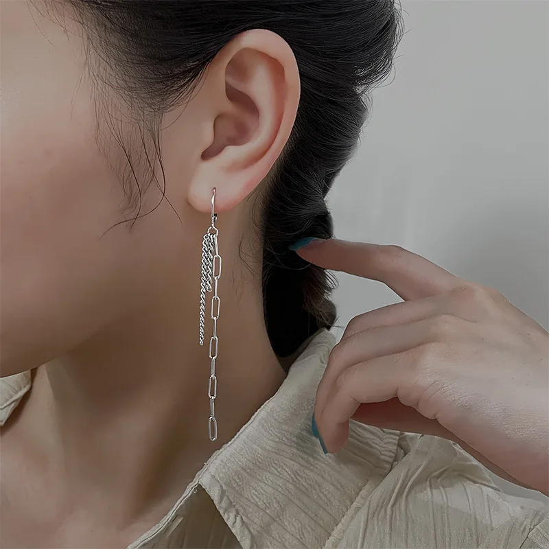 CIAXY Silber Farbe Asymmetrische Lange Ohrringe für Frauen Temperament Quaste Ohr Kette Ohr Schnallen Mode Indischen Schmuck Geschenk – Detail 9