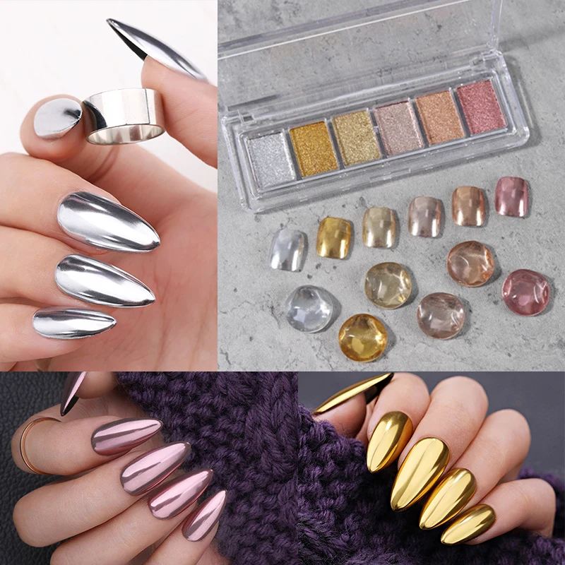 6 Colors Gold Silver Mirror Powder Solid Metallic Effect Nail Art Glitter Polish Rub Dust Pigment Manicuring Art Decoration