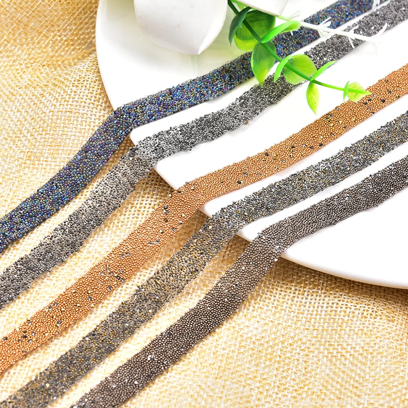 Caviar Beads Tape Hotfix Trimming 11Mm Wide Dense Rhinestone With Color Bead Glue Strip Diy Shoes Sweater Trouser Decorations