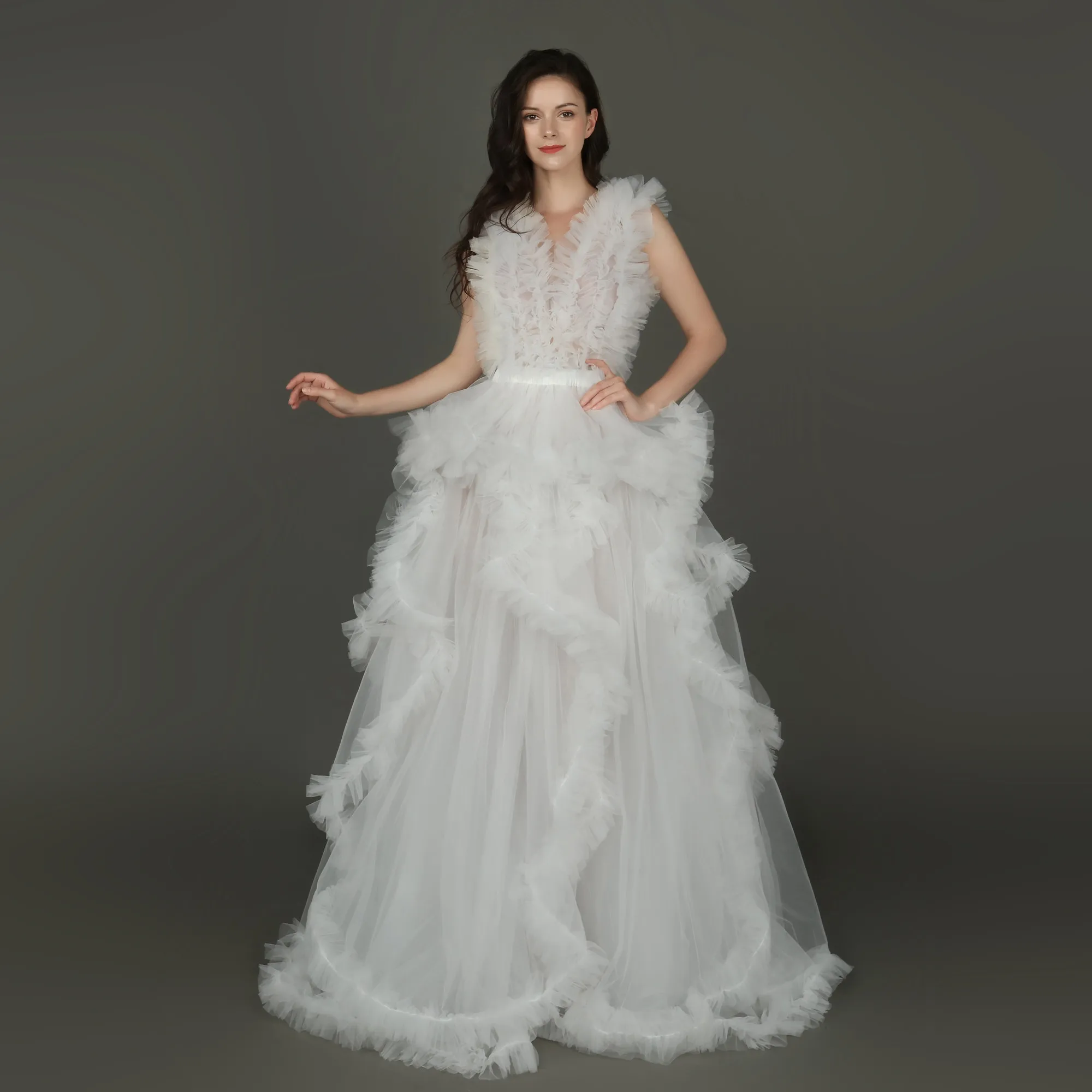 Abiti da sera lunghi ed eleganti in pizzo 2021 abiti premaman in Tulle Champagne con scollo a v per servizio fotografico Robe abiti formali da donna incinta