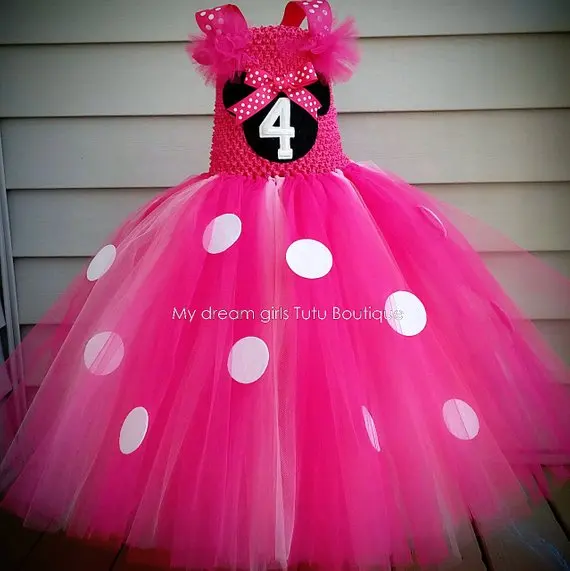 

Girls Pink Mickey Cartoon Dress Kids Crochet Tulle Tutu Dress Ball Gown with Dots Hairbow Children Birthday Party Costume Dress