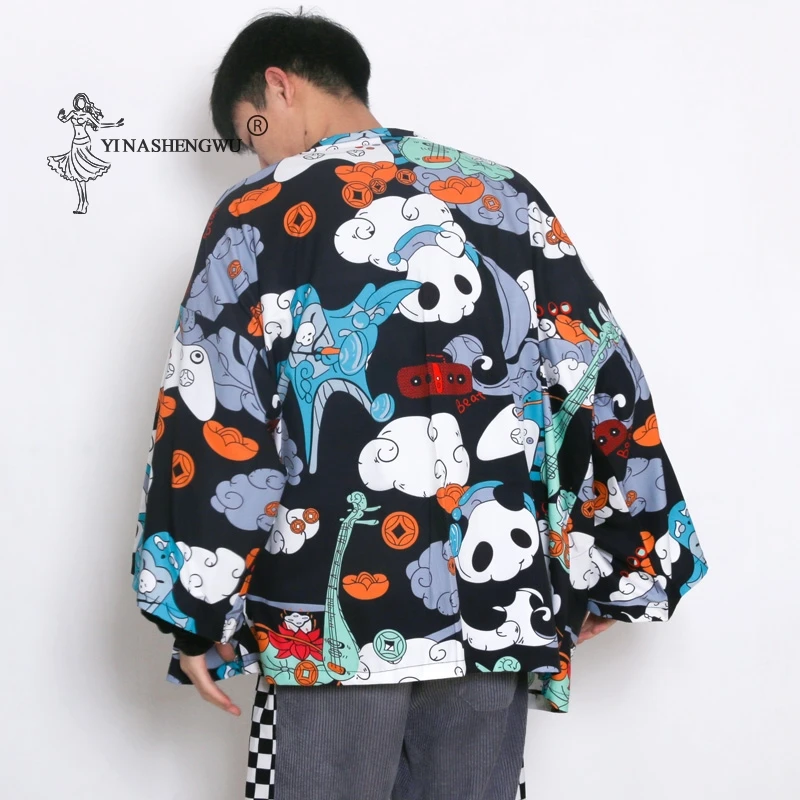 Japanese Style Traditional Clothing Men Oriental Streetwear Fashion Jacket Samurai Haori Panda Pattern Sun Protective Kimono Top