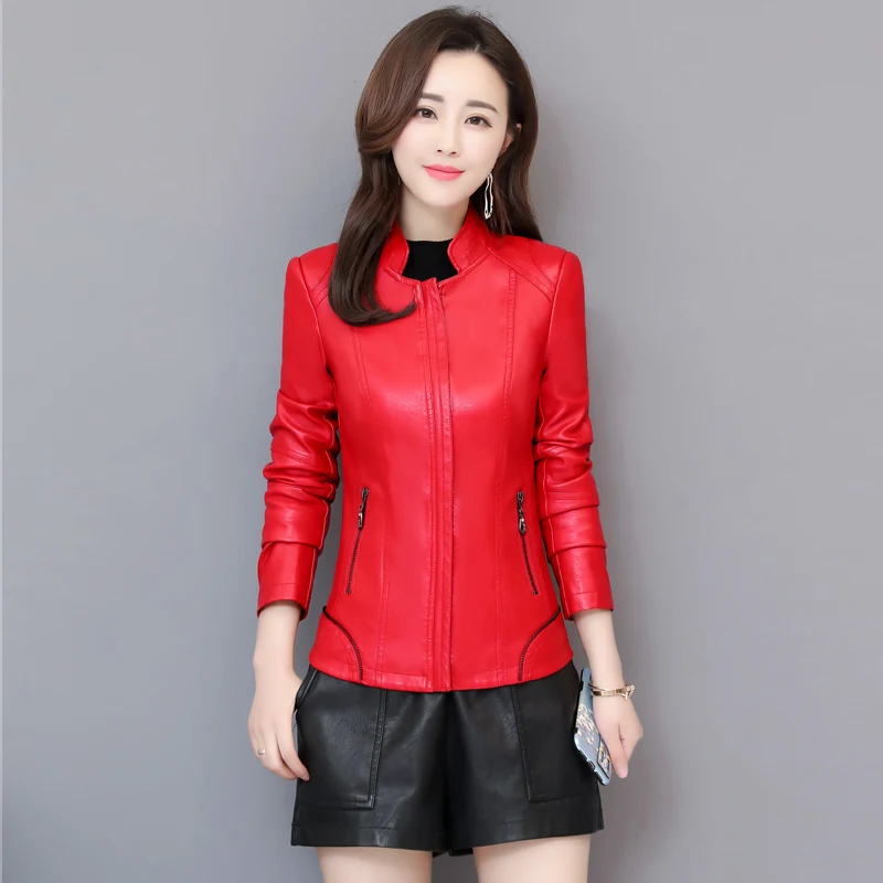 Leather Jacket Women Zippers Spring Autumn New Women Leather Jacket Mandarin Collar Motor Biker Sheepskin Coat Female Oversized