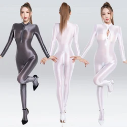 New Sexy Shiny Silky white Bodysuit Open Crotch Long sleeve Double zipper Tights Glossy men plus size wonder woman bathing suit