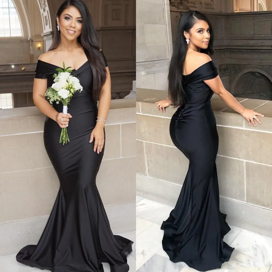 

New Black Plus Size Mermaid Bridesmaid Dresses Off Shoulder Formal Evening Gowns Pleats Cheap Simple robe de soiree