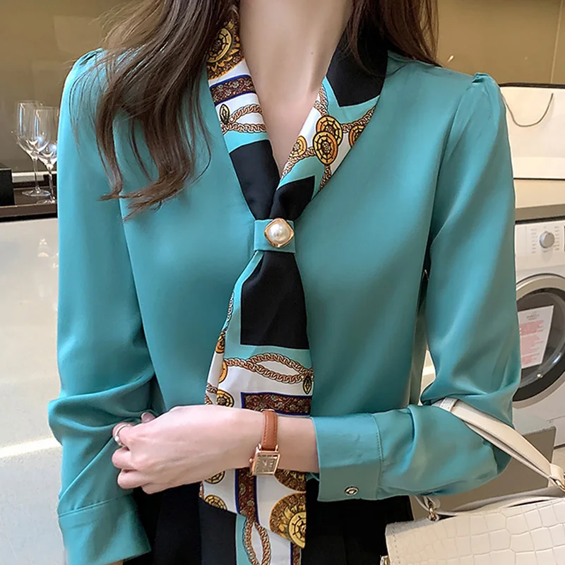 Blouses Vrouwelijke Elegante Mode Kantoor Dame Boog Solid Chiffon Shirts Vrouwen Kleding Lente Herfst Lange Mouw V-hals Trui Top