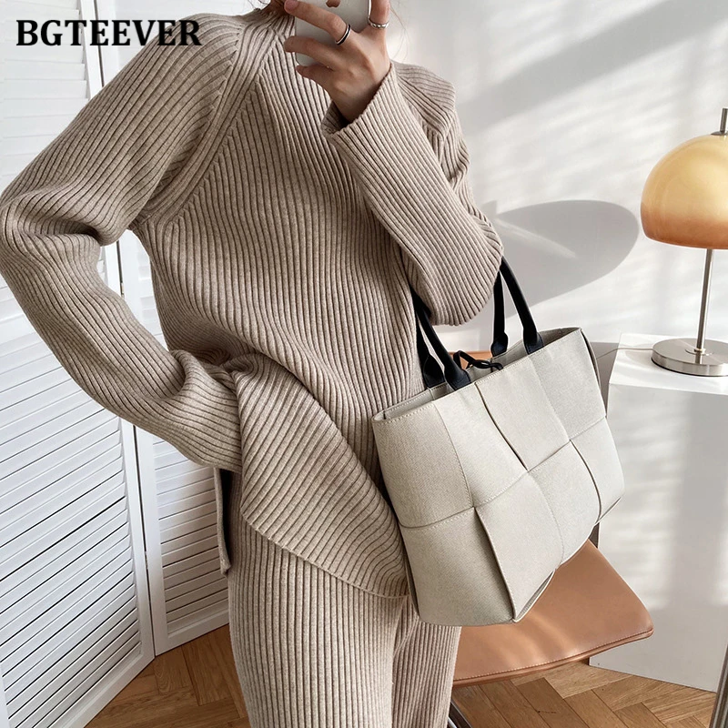 BGTEEVER Vintage Women Solid Knitted Set 2021 Autumn Long Sleeve Pullovers & Elastic Waist Pants Ladies 2 Pieces Sweaters Set