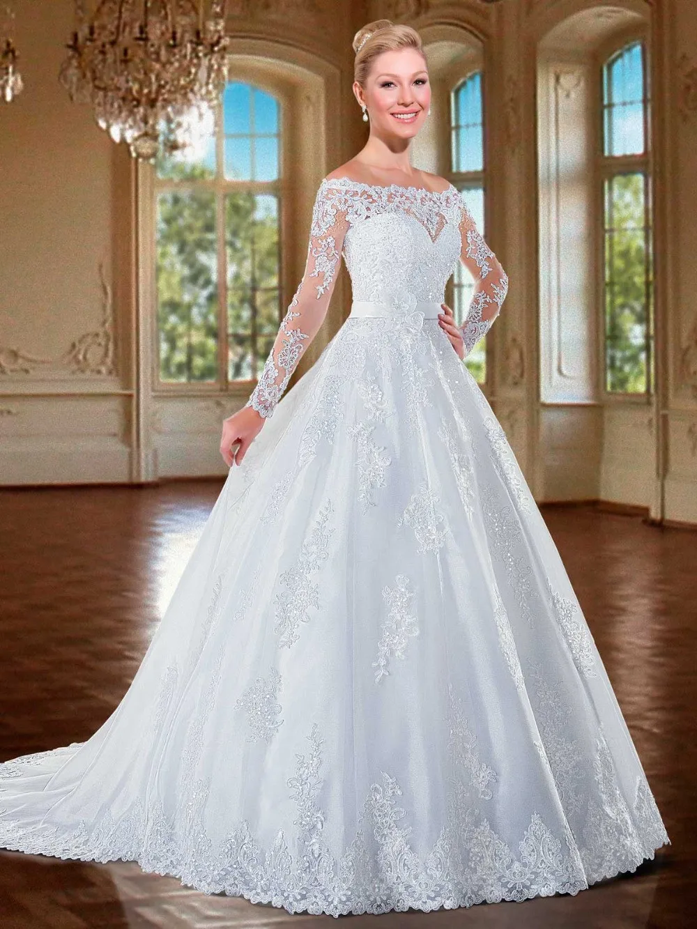 Mangas compridas vestido de baile rendas vestidos de casamento 2020 barco pescoço iiiuusion volta capela trem elegante vestidos de casamento apliques