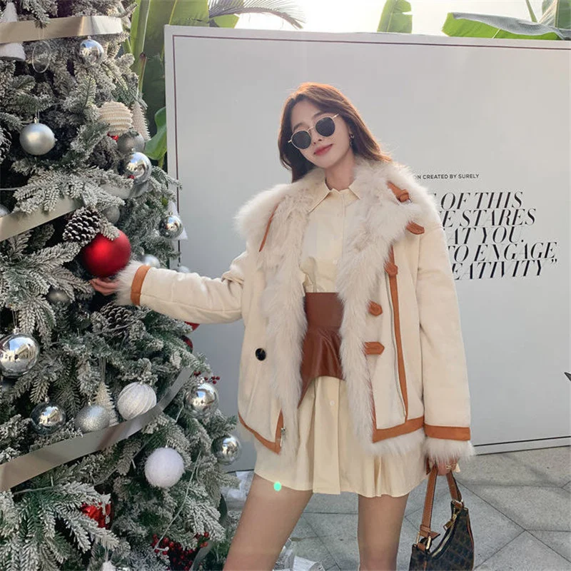 2024 Autumn Winter Fashion Suede Patchwork Faux Fox Fur Grass Coat Women With Fur On Both Sides Coats Ladies Warm Fur Outwear