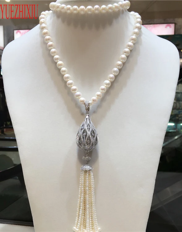 Elegant jewelry 8-9mm white natural freshwater pearl  micro inlay zircon tassel long sweater chain necklace 32inch 925 silver