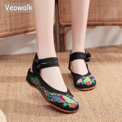 Veowalk Handmade Woman Slingbacks Flats Vintage Chinese Peacock Embroidered Cotton Backless Shoes Summer Comfortable