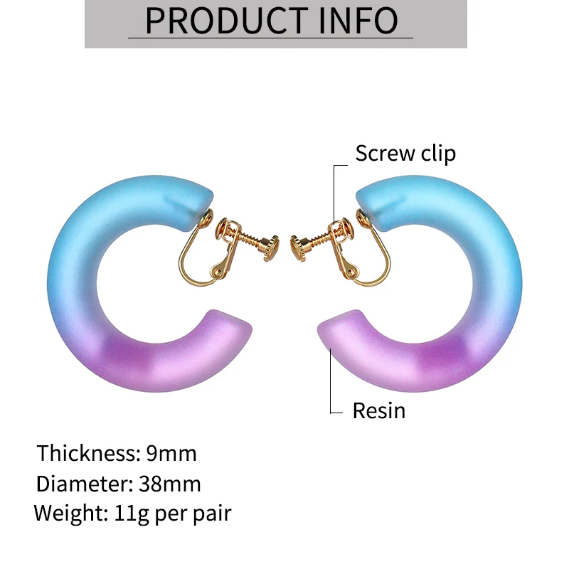 New Korean Colorful Gradient Geometric C-shaped Hoop Clip on Earrings Exaggerated Acrylic Non Pierced Earrings for Women Jewelry