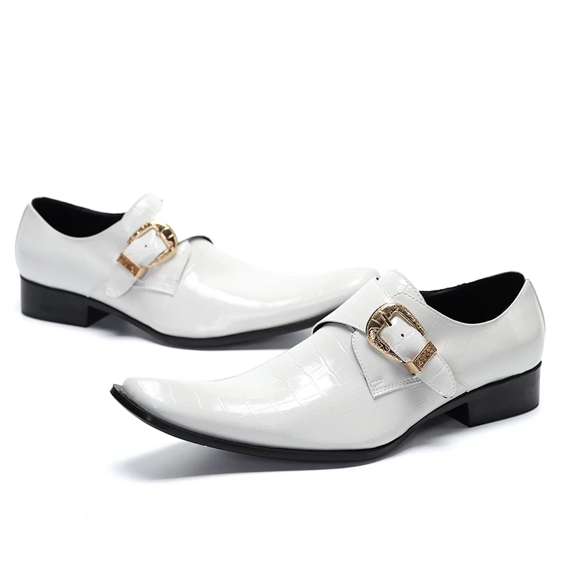 British Style Men White Genuine Leather Shoes Party Wedding Party Brogue Shoes Male Buckle Strap Business Office Shoes Big Size