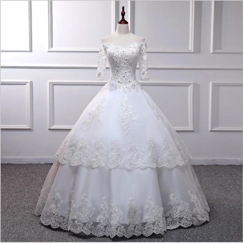 

Luxury Junoesque wedding dress Strapless Half-Sleeve Layered Lace Applique Paillette Beaded pearl Lace up Bridal Ball Gown