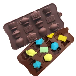 Tea Time Silicone Mold Afternoon Teapot Coffee Cups Biscuit Chocolate Candy Mould For Baking Ice Cube Tray Kitchen Gadgets