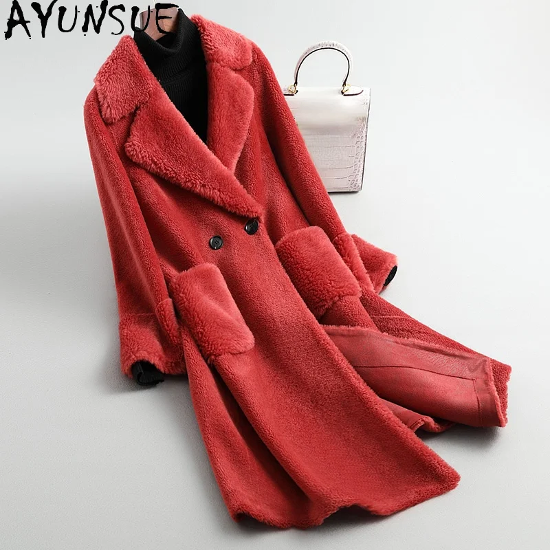 

AYUNSUE Real Wool Jackets Women Winter 2021 Long Sheep Shearling Coat Female Fur Trench Coats Korean Style Manteau Femme Gxy320