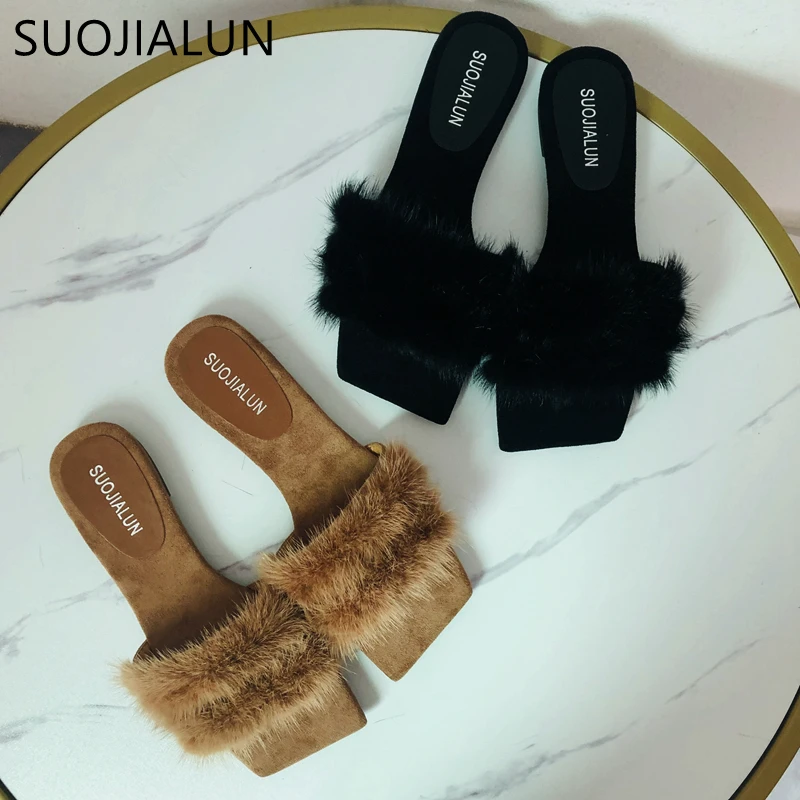 SUOJIALUN 2020 Hot Women Furry Slippers High Quality Plush Real Hair Fluffy Sandals Comfortable Soft Sole Winter Warm Fur Slides