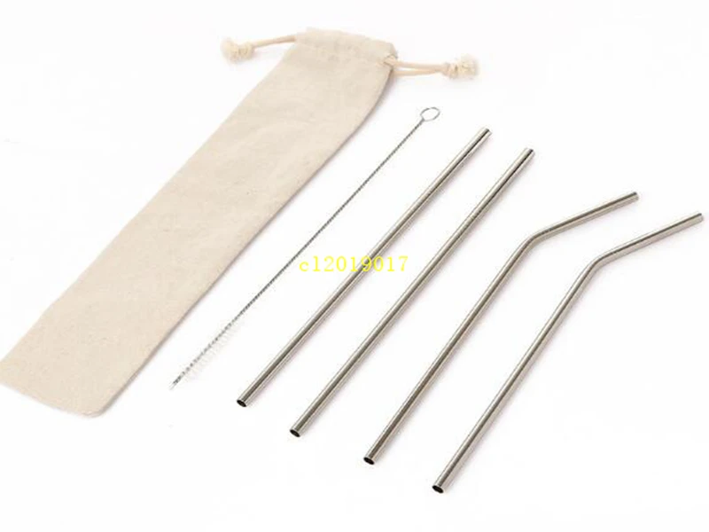 

Free Combination!! Customized Bag Packing 4+1 Reusable Stainless Steel Drinking Straws Set Metal Straws Set with Cleaning Brush