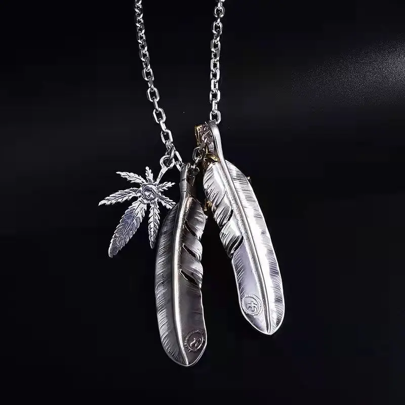 Takahashi Goros Jewelry 925 Sterling Silver Pendant Necklaces Feather Charm Thai Silver Maple Leaf Chain For Men And Women GOP12