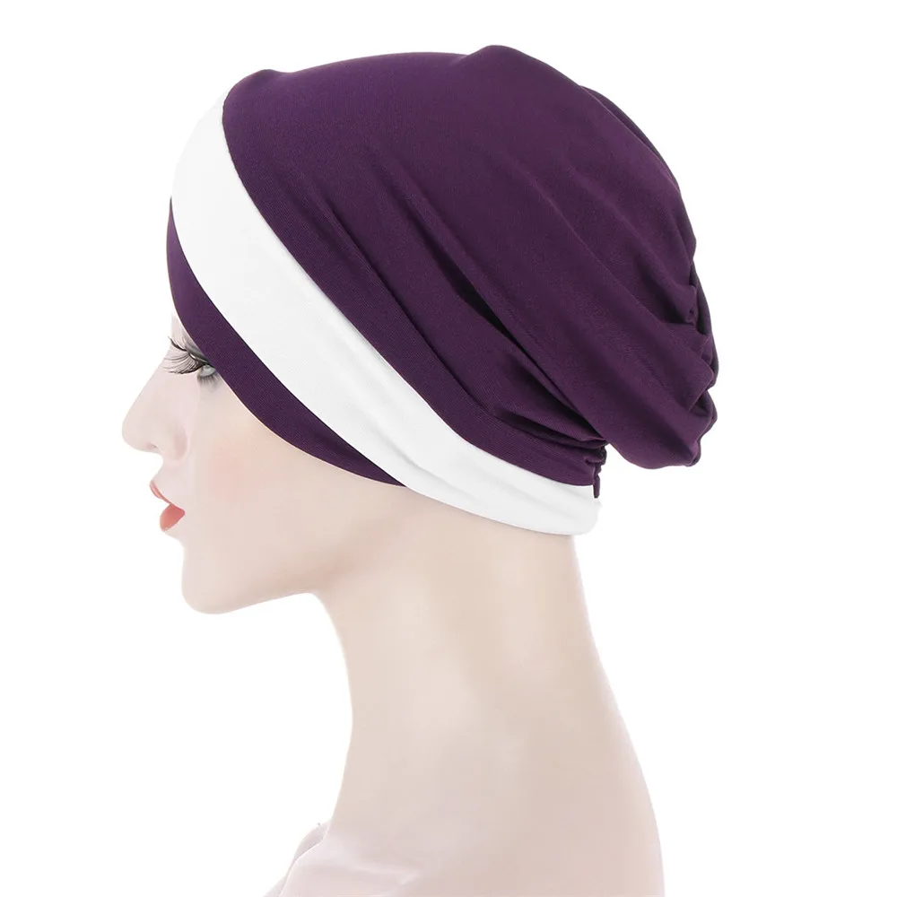 Women Stretchy Turban Hat Cross Head Wrap Hijab Cap Color Block Soft Headscarf Fashion Muslim Bonnet Hats Scarf High Quality