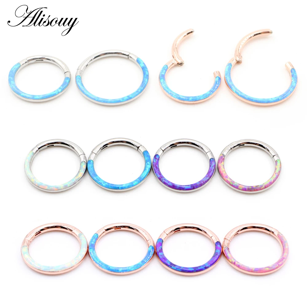 Alisouy 1pc 316L Stainless Steel 16G Twist Hinged Clicker Nose Septum Ring Opal Hoop Eyebrow Lip Ear Rings Body Piercing Jewelry