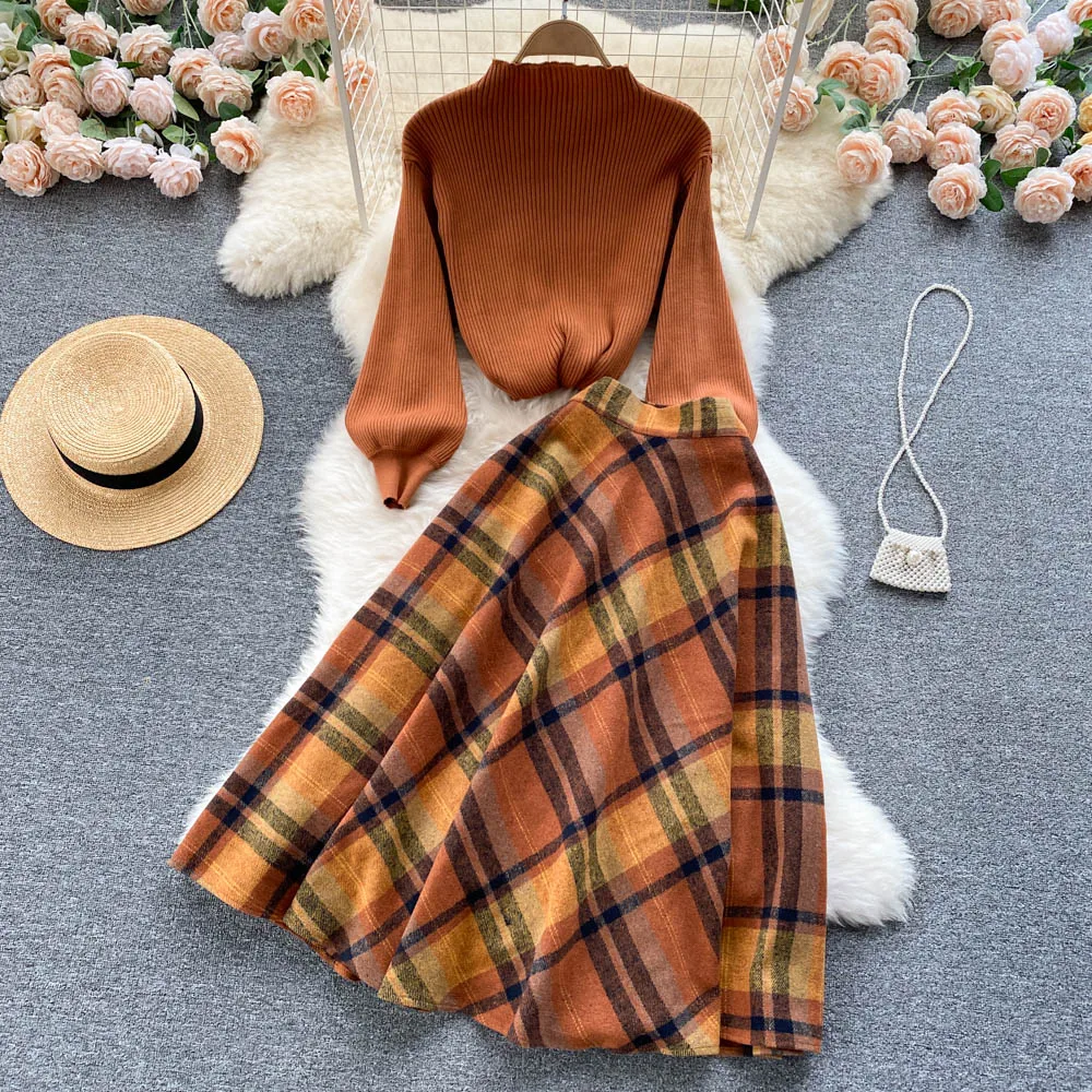 Women\'s Spring Autumn Runway Fashion Knitted Top Plaid Skirt 2 pcs Dress Female Chic Travel Party Dress TB2103