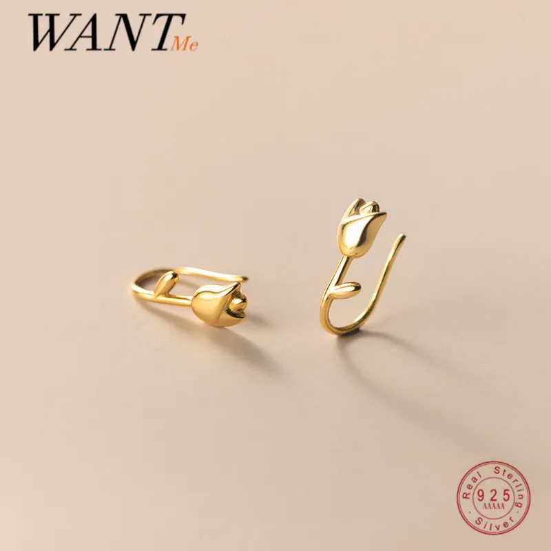 

WANTME 925 Sterling Silver Lovely Charm Tulip Flower Stud Earrings for Women Simple Unique Fashion Sweet Romantic Gold Jewelry