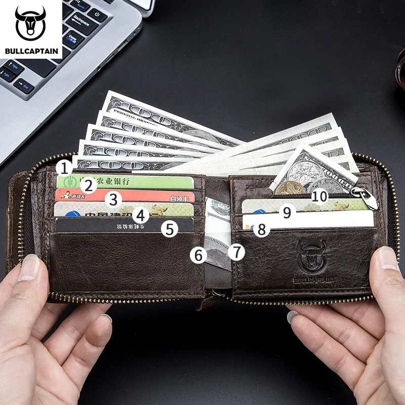 BULLCAPTAIN New Arrival Male RFID Leather Wallet Men Wallet Cowhide Coin Purse Slim Designer Brand Wallet Billetera Para Hombres