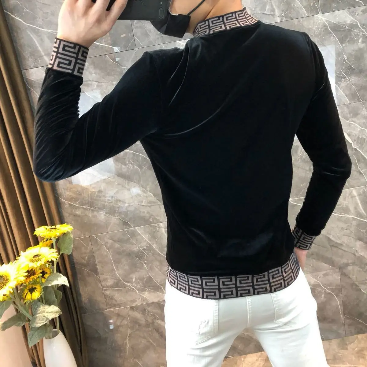 Men\'s double-sided velvet long-sleeved sweater slim gold velvet trend bottoming shirt autumn and winter semi-high collar sweater