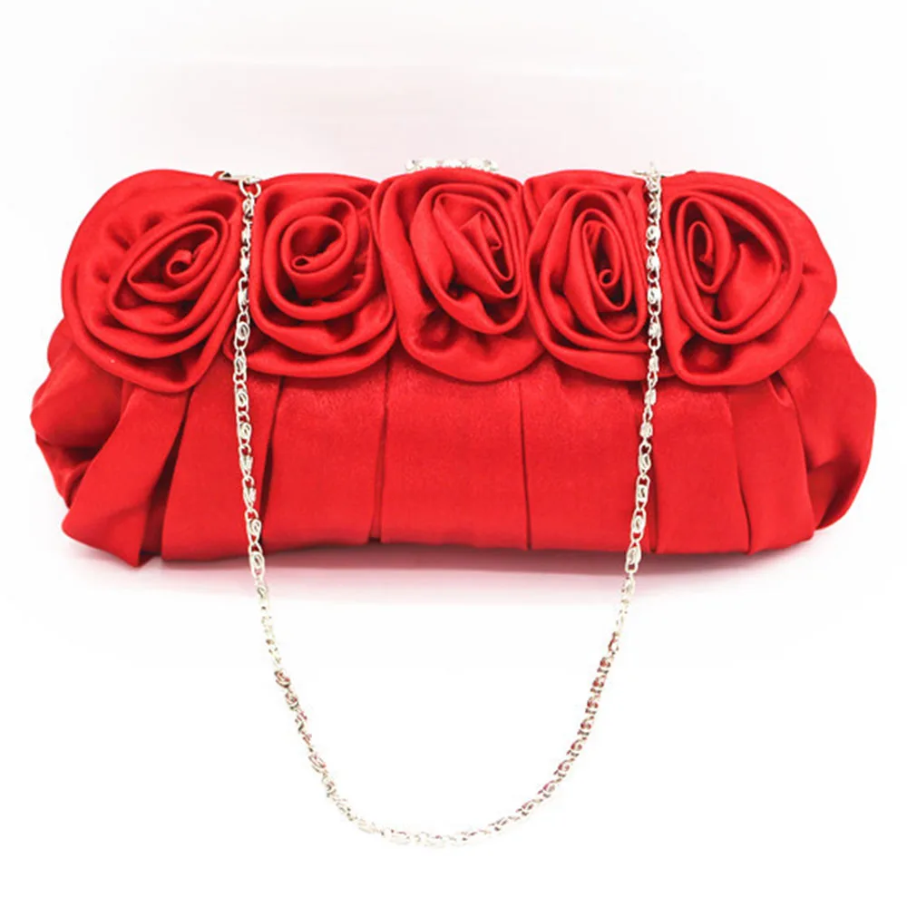 

Ladies Evening Dinner Bag Silk Rose Romantic Clutch Bags Banquet Female Floral Handbags Dating Chain Strap Shoulder Bag