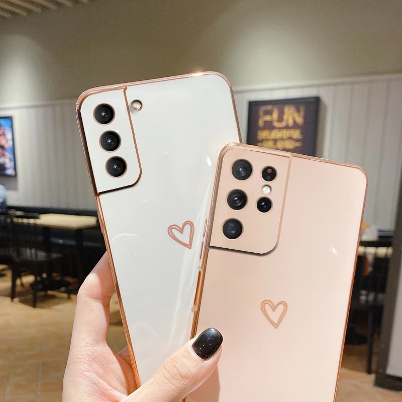 Plating Love Heart Phone Case For Samsung Galaxy S21 S20 S22 S23 S8 S9 S10 Note 10 20 Plus Ultra S20 Fe Fan Edition Luxury Cover